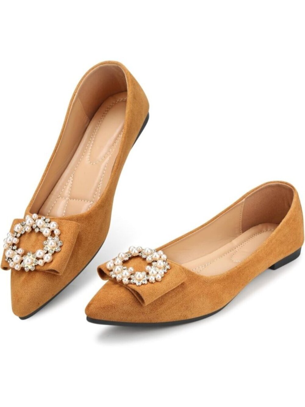 Women's Tan Pointed Toe Pearl Flats Faux Suede Comfort Dress for Shoes